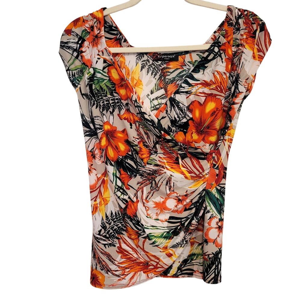 Esperance Paris Floral Top Womens L Orange Tropical Print Short Sleeve Low Cut